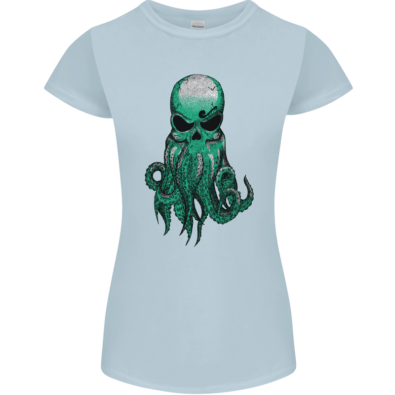 Cthulhu Green Kraken Octopus Skull Womens Petite Cut T-Shirt Light Blue