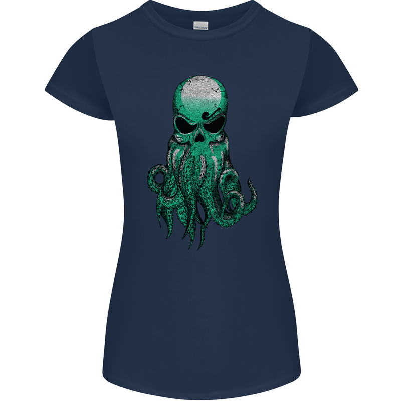 Cthulhu Green Kraken Octopus Skull Womens Petite Cut T-Shirt Navy Blue