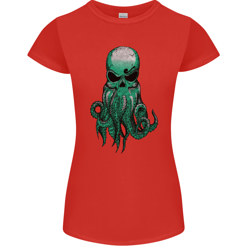Cthulhu Green Kraken Octopus Skull Womens Petite Cut T-Shirt Red
