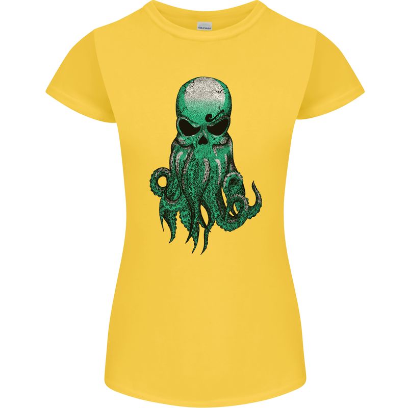 Cthulhu Green Kraken Octopus Skull Womens Petite Cut T-Shirt Yellow