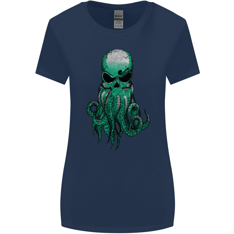 Cthulhu Green Kraken Octopus Skull Womens Wider Cut T-Shirt Navy Blue