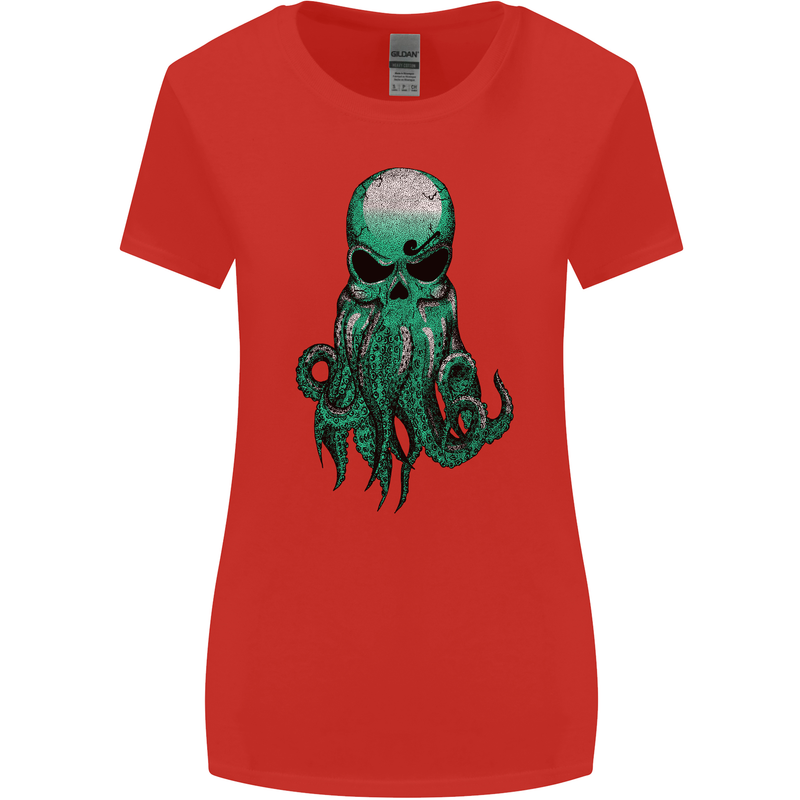 Cthulhu Green Kraken Octopus Skull Womens Wider Cut T-Shirt Red