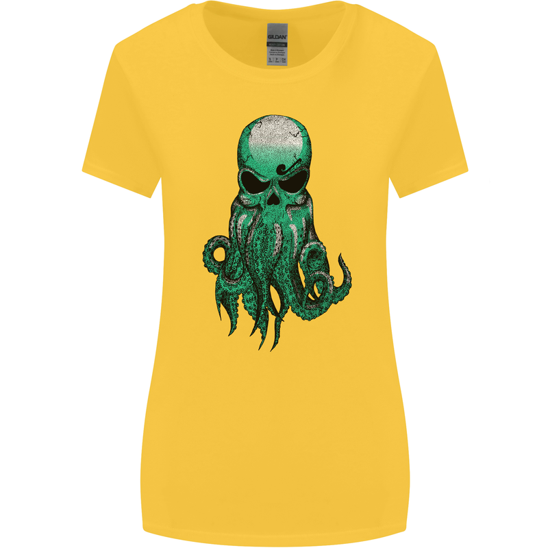 Cthulhu Green Kraken Octopus Skull Womens Wider Cut T-Shirt Yellow