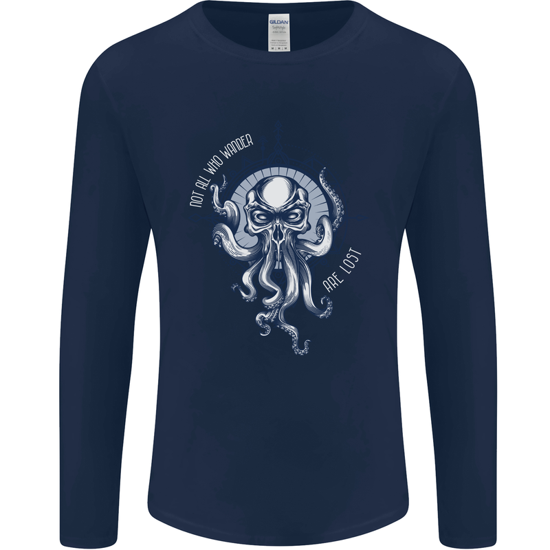 Cthulhu Wander Kraken Octopus Ocean Mens Long Sleeve T-Shirt Navy Blue