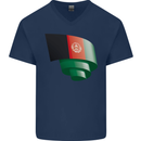 Curled Afghanistan Flag Afghan Day Football Mens V-Neck Cotton T-Shirt Navy Blue