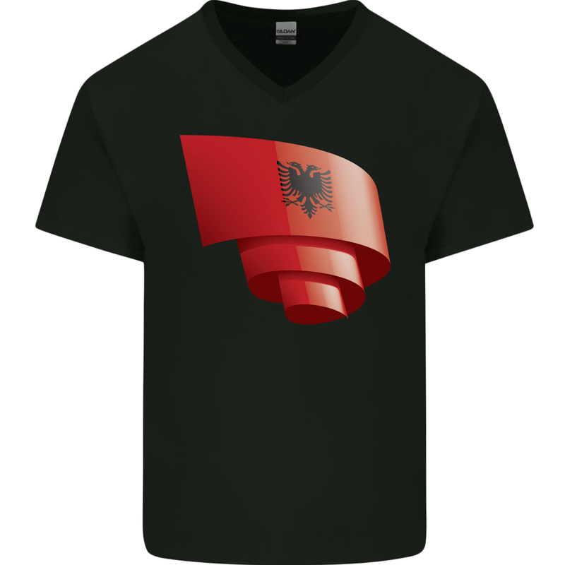 Curled Albania Flag Albanian Day Football Mens V-Neck Cotton T-Shirt Black
