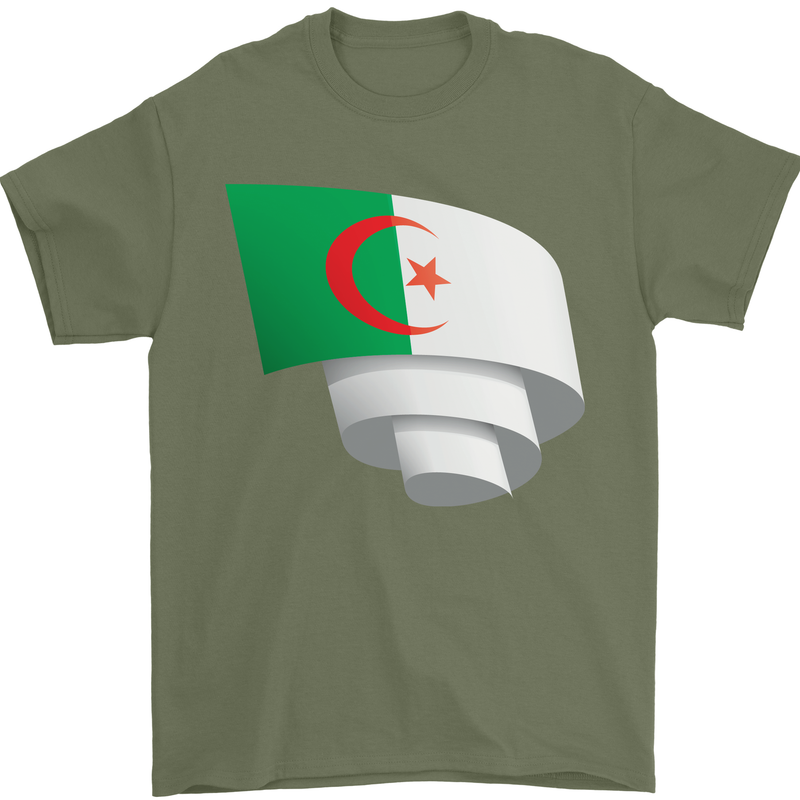 Curled Algeria Flag Algerian Day Football Mens T-Shirt 100% Cotton Military Green