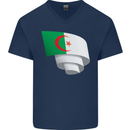 Curled Algeria Flag Algerian Day Football Mens V-Neck Cotton T-Shirt Navy Blue