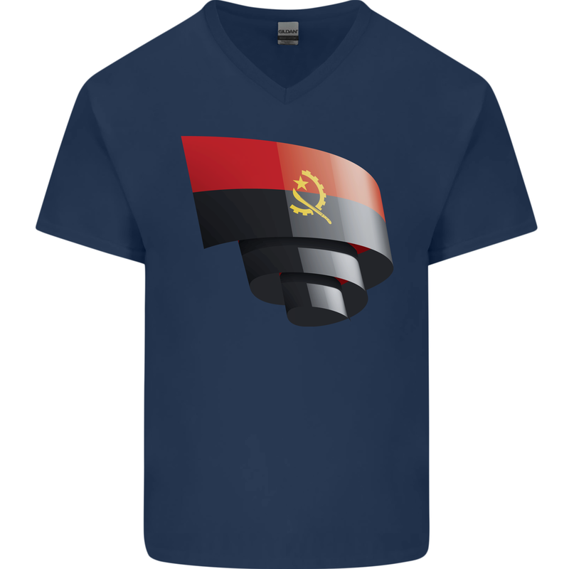 Curled Angola Flag Angolan Day Football Mens V-Neck Cotton T-Shirt Navy Blue