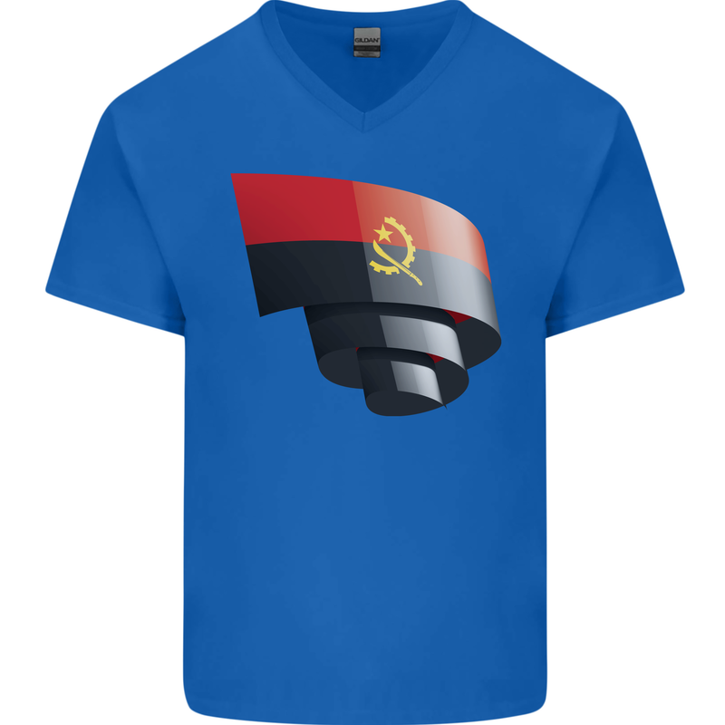 Curled Angola Flag Angolan Day Football Mens V-Neck Cotton T-Shirt Royal Blue