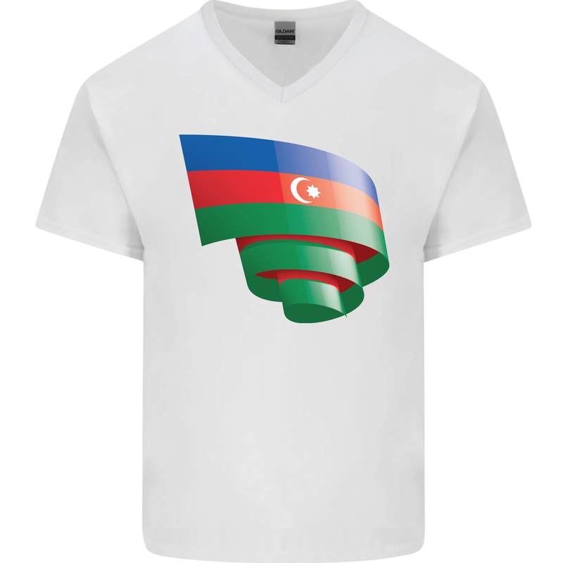 Curled Azerbaijan Flag Azerbaijani Day Football Mens V-Neck Cotton T-Shirt White