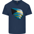 Curled Bahamas Flag Bahamians Day Football Mens V-Neck Cotton T-Shirt Navy Blue