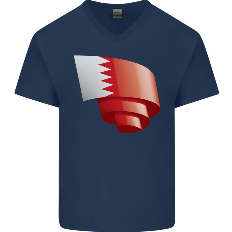 Curled Bahrain Flag Bahraini Day Football Mens V-Neck Cotton T-Shirt Navy Blue