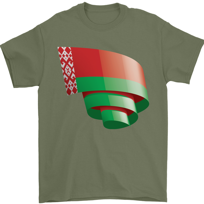 Curled Belarus Flag Belarusian Day Football Mens T-Shirt 100% Cotton Military Green