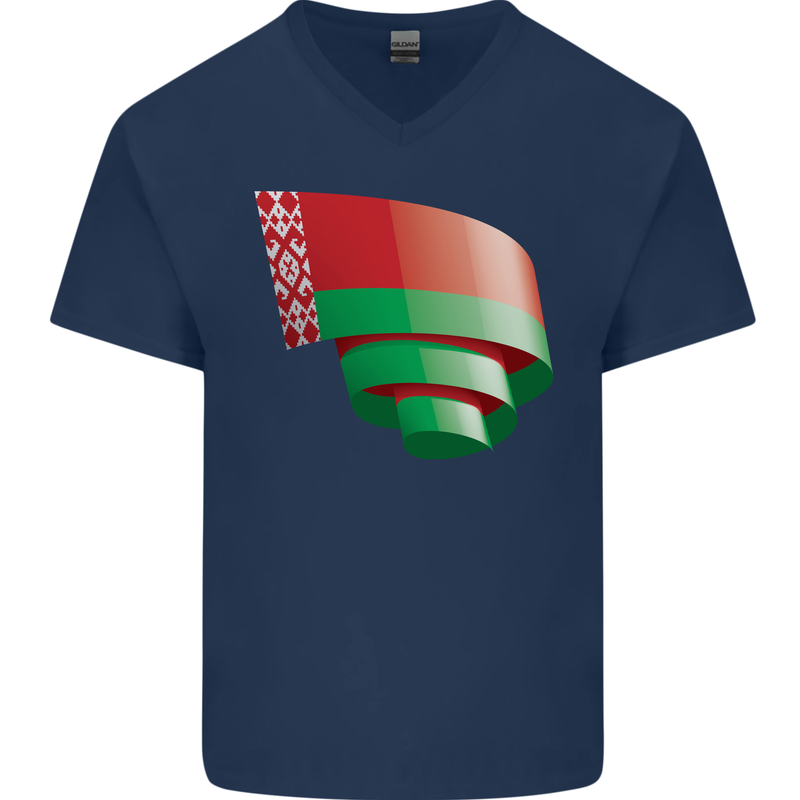 Curled Belarus Flag Belarusian Day Football Mens V-Neck Cotton T-Shirt Navy Blue