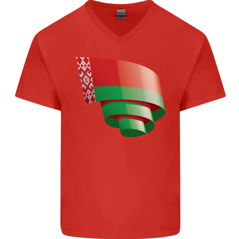 Curled Belarus Flag Belarusian Day Football Mens V-Neck Cotton T-Shirt Red