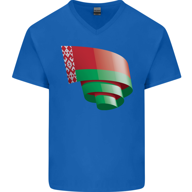 Curled Belarus Flag Belarusian Day Football Mens V-Neck Cotton T-Shirt Royal Blue