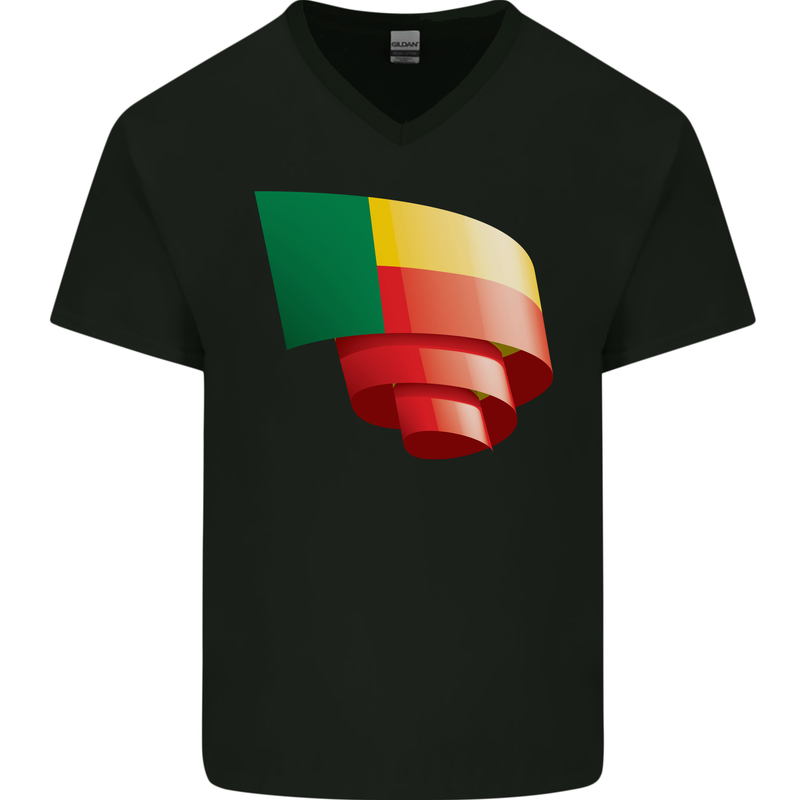 Curled Benin Flag Beninese Day Football Mens V-Neck Cotton T-Shirt Black