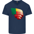 Curled Benin Flag Beninese Day Football Mens V-Neck Cotton T-Shirt Navy Blue