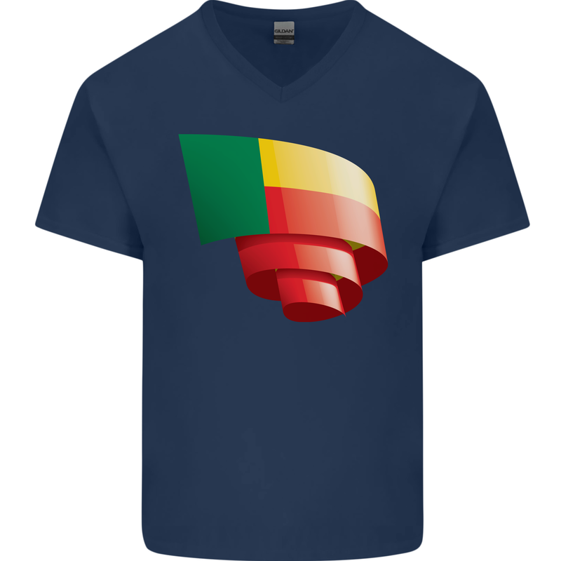 Curled Benin Flag Beninese Day Football Mens V-Neck Cotton T-Shirt Navy Blue
