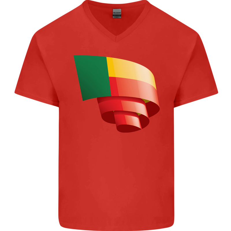 Curled Benin Flag Beninese Day Football Mens V-Neck Cotton T-Shirt Red
