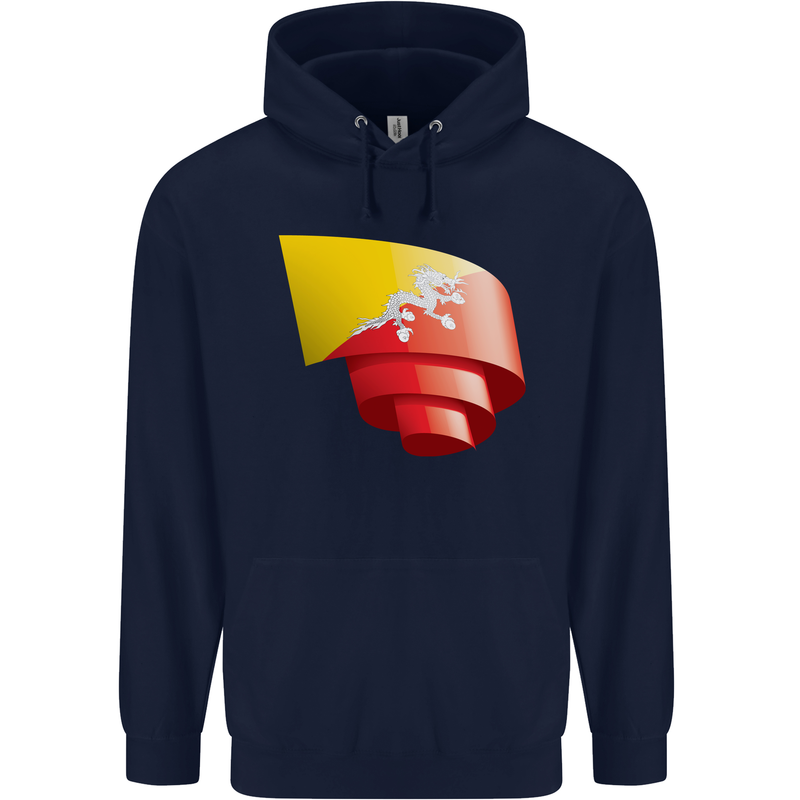 Curled Bhutan Flag Bhutanese Day Football Childrens Kids Hoodie Navy Blue