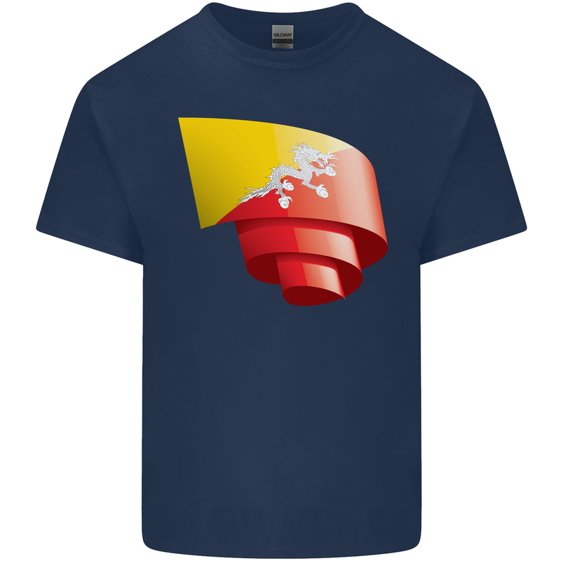 Curled Bhutan Flag Bhutanese Day Football Kids T-Shirt Childrens Navy Blue