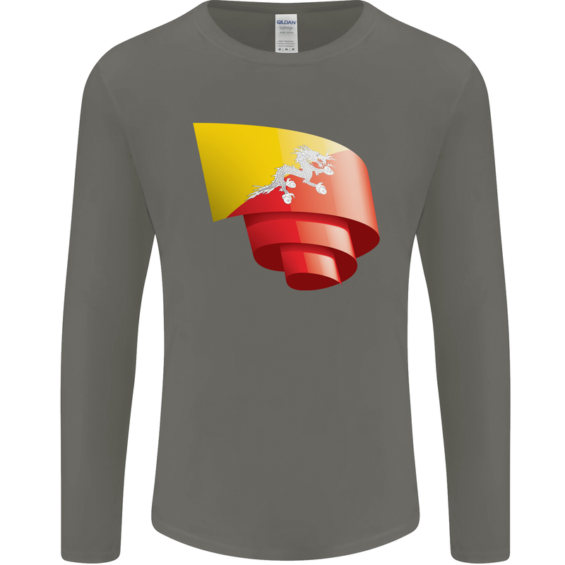 Curled Bhutan Flag Bhutanese Day Football Mens Long Sleeve T-Shirt Charcoal