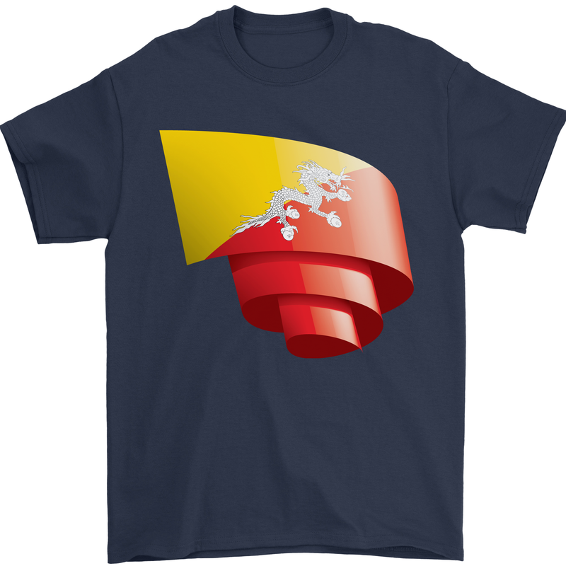 Curled Bhutan Flag Bhutanese Day Football Mens T-Shirt 100% Cotton Navy Blue