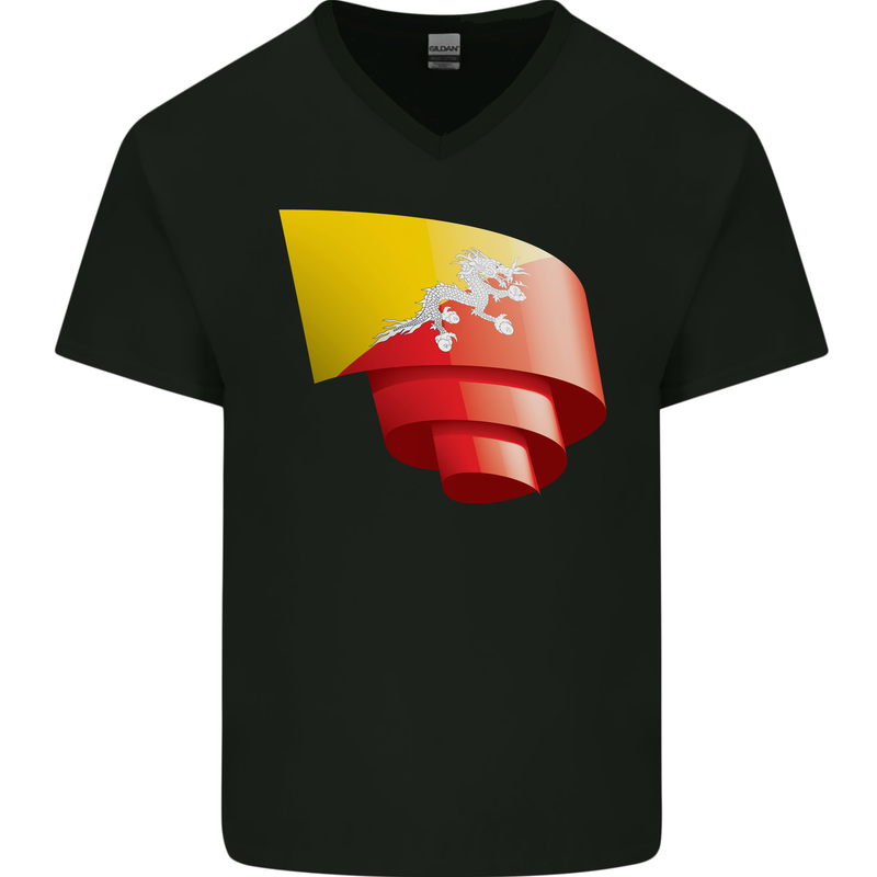 Curled Bhutan Flag Bhutanese Day Football Mens V-Neck Cotton T-Shirt Black