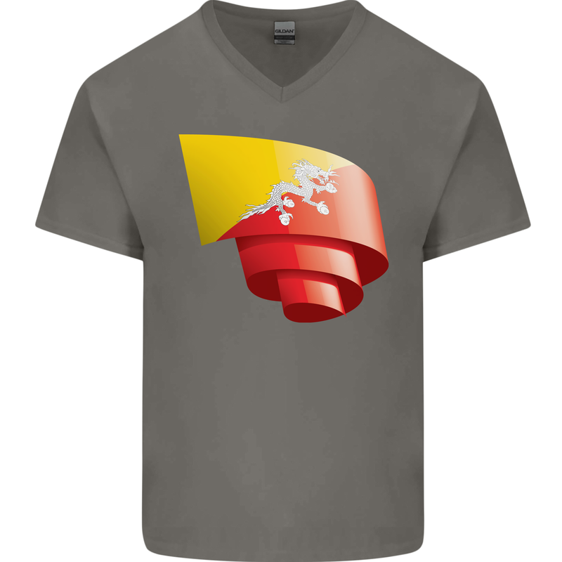 Curled Bhutan Flag Bhutanese Day Football Mens V-Neck Cotton T-Shirt Charcoal