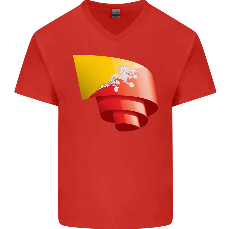 Curled Bhutan Flag Bhutanese Day Football Mens V-Neck Cotton T-Shirt Red