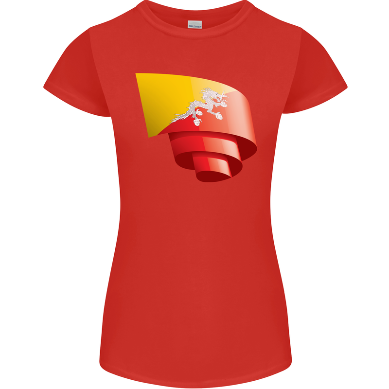 Curled Bhutan Flag Bhutanese Day Football Womens Petite Cut T-Shirt Red