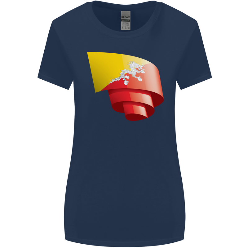 Curled Bhutan Flag Bhutanese Day Football Womens Wider Cut T-Shirt Navy Blue