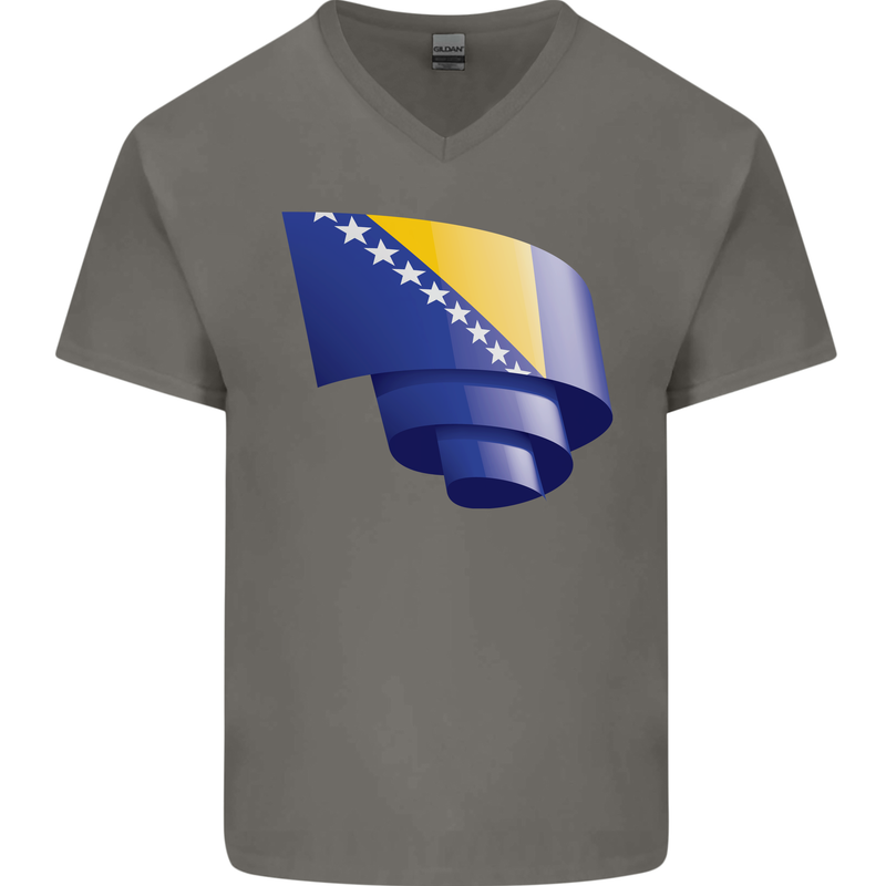 Curled Bosnia and Herzegovina Flag Day Football Mens V-Neck Cotton T-Shirt Charcoal