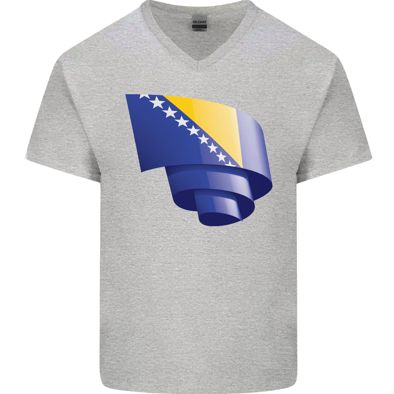 Curled Bosnia and Herzegovina Flag Day Football Mens V-Neck Cotton T-Shirt Sports Grey