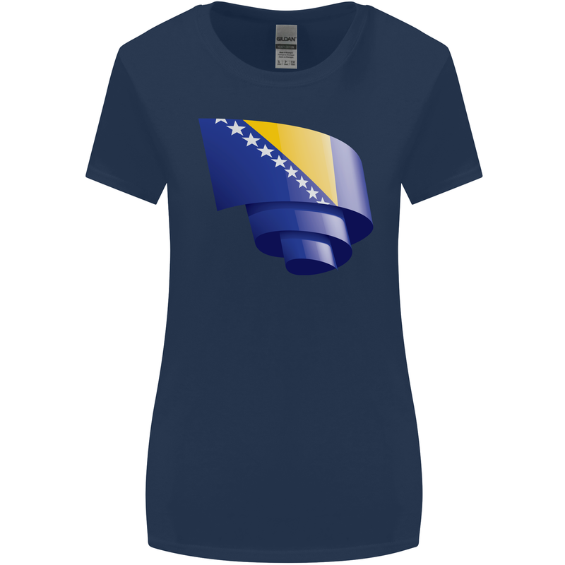 Curled Bosnia and Herzegovina Flag Day Football Womens Wider Cut T-Shirt Navy Blue