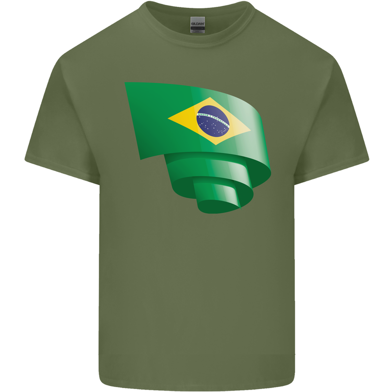 Curled Brazil Flag Brazilian Day Football Mens Cotton T-Shirt Tee Top Military Green