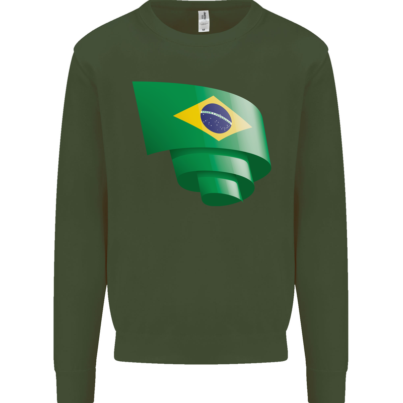 Curled Brazil Flag Brazilian Day Football Mens Sweatshirt Jumper Forest Green