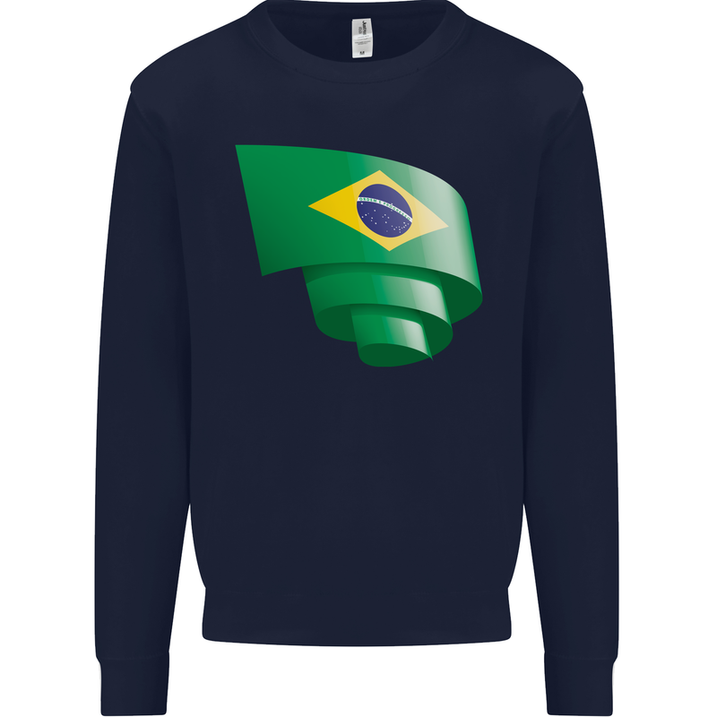Curled Brazil Flag Brazilian Day Football Mens Sweatshirt Jumper Navy Blue