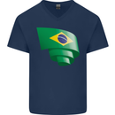 Curled Brazil Flag Brazilian Day Football Mens V-Neck Cotton T-Shirt Navy Blue