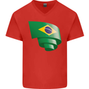 Curled Brazil Flag Brazilian Day Football Mens V-Neck Cotton T-Shirt Red
