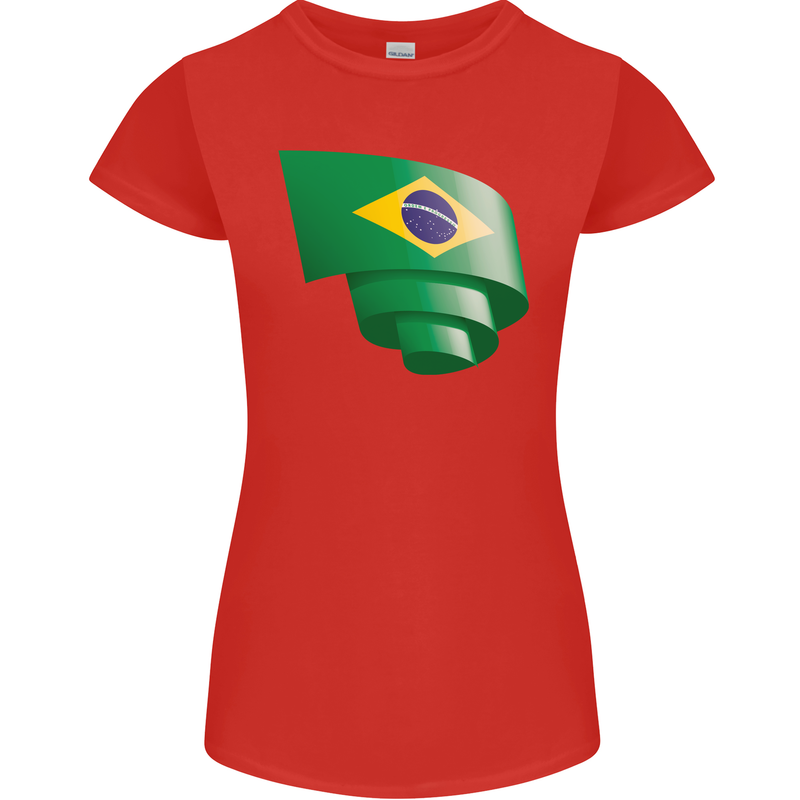 Curled Brazil Flag Brazilian Day Football Womens Petite Cut T-Shirt Red