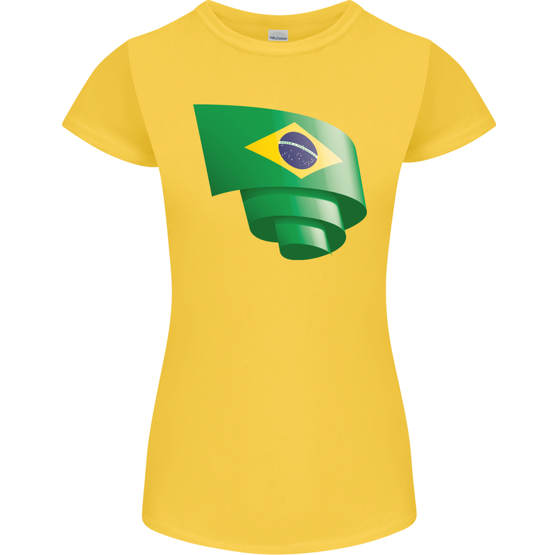 Curled Brazil Flag Brazilian Day Football Womens Petite Cut T-Shirt Yellow