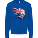 Curled British Flag Union Jack Britain Kids Sweatshirt Jumper Royal Blue