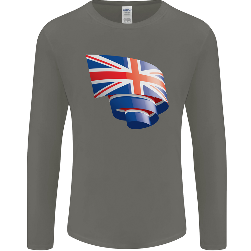 Curled British Flag Union Jack Britain Mens Long Sleeve T-Shirt Charcoal