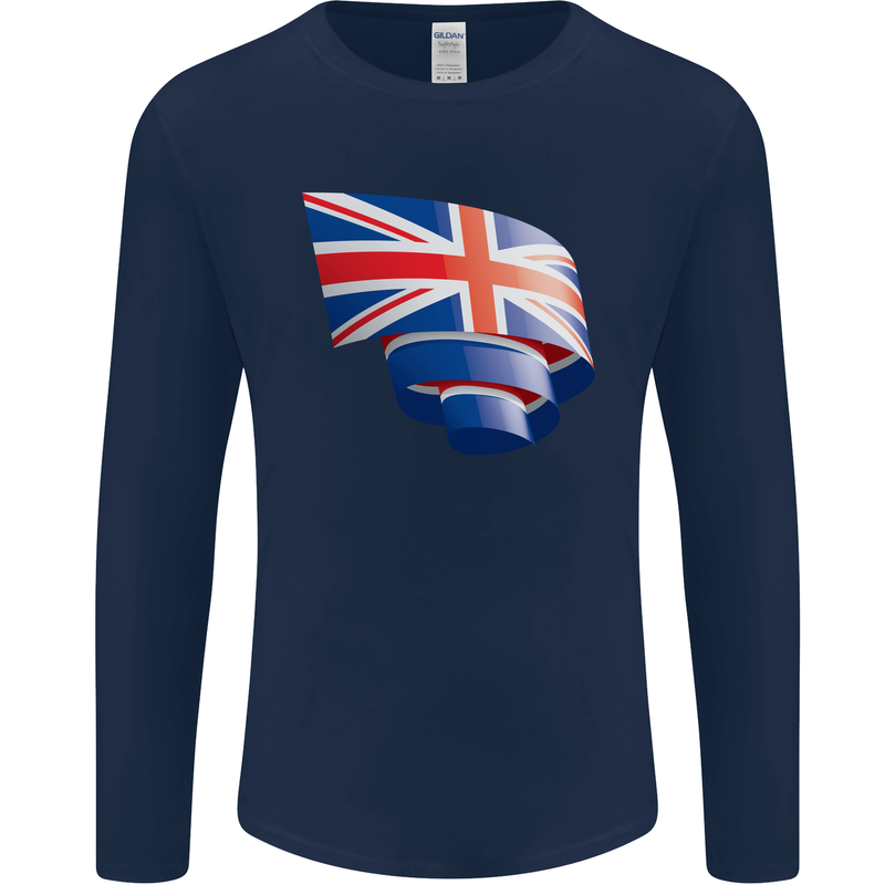 Curled British Flag Union Jack Britain Mens Long Sleeve T-Shirt Navy Blue