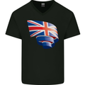Curled British Flag Union Jack Britain Mens V-Neck Cotton T-Shirt Black