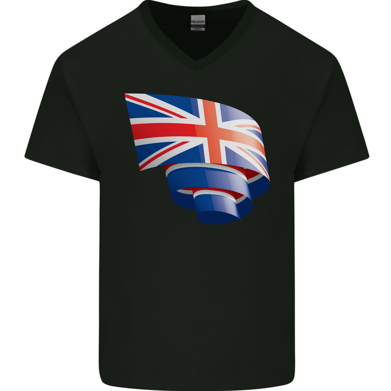 Curled British Flag Union Jack Britain Mens V-Neck Cotton T-Shirt Black
