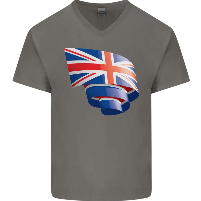 Curled British Flag Union Jack Britain Mens V-Neck Cotton T-Shirt Charcoal